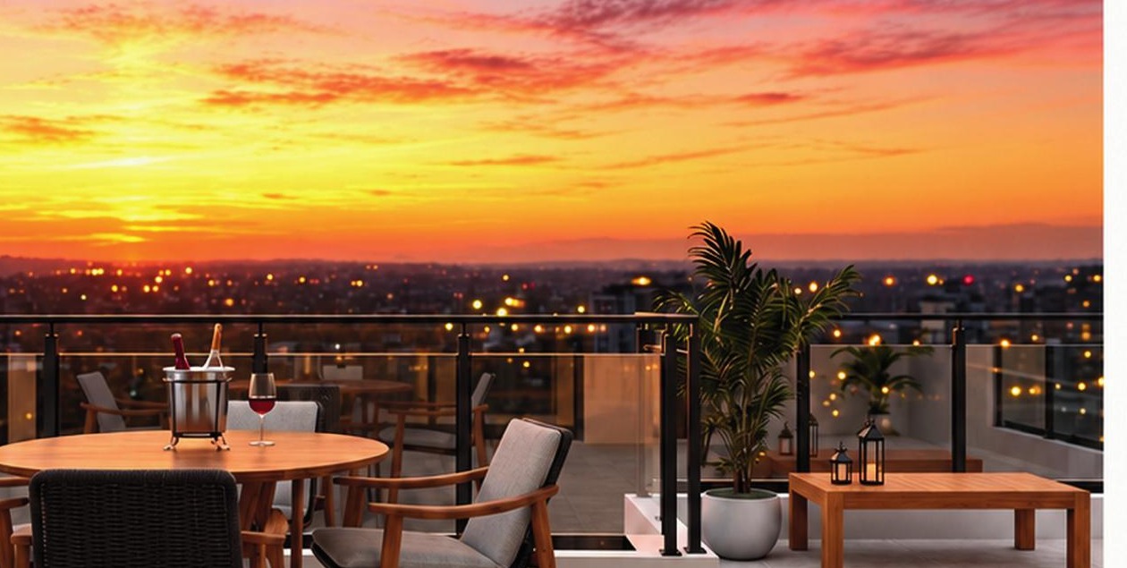 Perspectiva do terraço da cobertura duplex ao pôr do sol