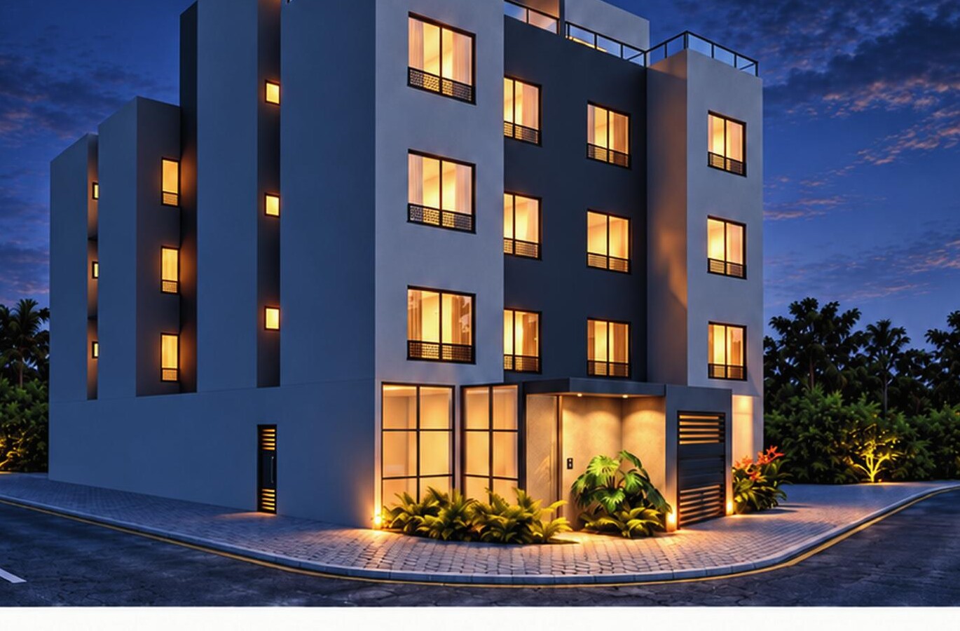 Fachada noturna do Sunset Residencial
